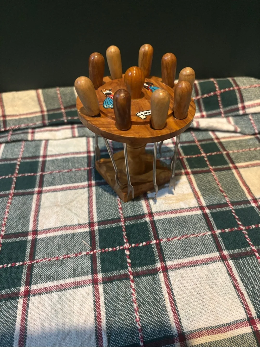 Vintage Wooden Hand Painted  Mallorca Cocktail Fork Set with Round Handle Stand